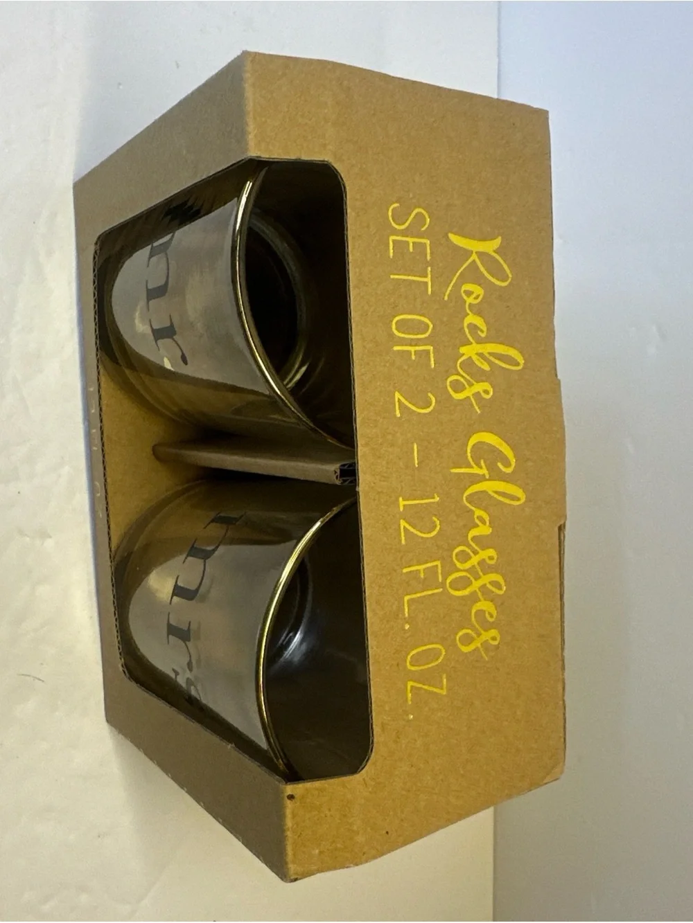 Mr. and Mrs. Hearts Gold Rim 2-Pc. Wiskey Rock Glasses, 12 oz. new in box,